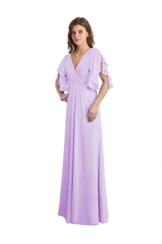 Lila A-Linien V-Ausschnitt Chiffon Lange Brautjungfernkleider Fabrik