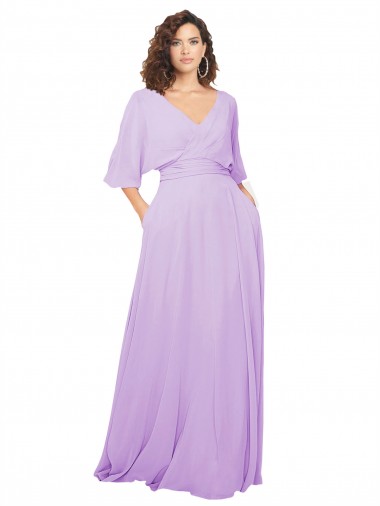 Lila A-Linien V-Ausschnitt Chiffon Lange Brautjungfernkleider Fabrik