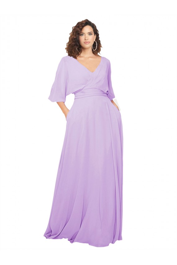 Lila A-Linien V-Ausschnitt Chiffon Lange Brautjungfernkleider Fabrik