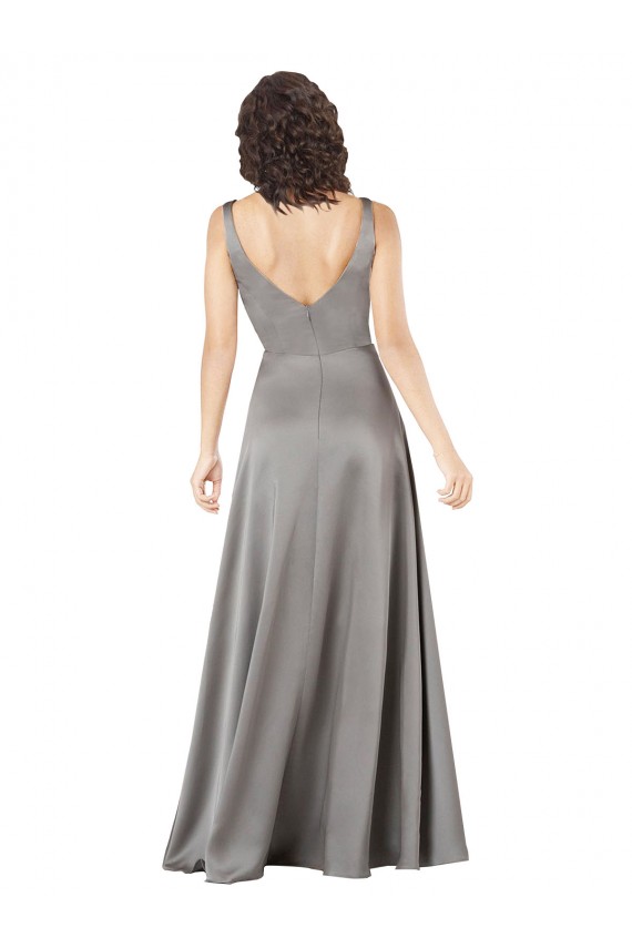 Pearl Grey A-Linien V-Ausschnitt Seidiger Satin Lange Formale Brautjungfernkleider / Abendkleider / Abiballkleider Fabrik