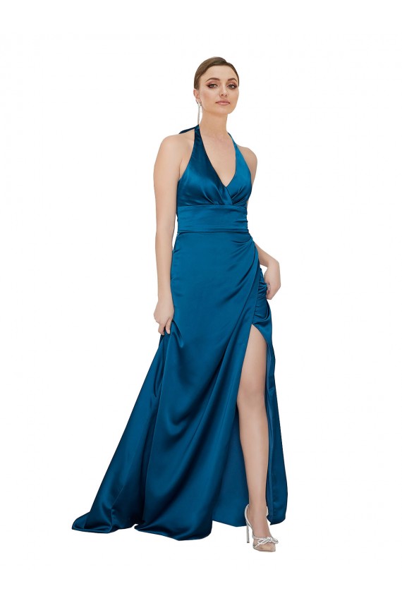 Pfauenblau A-Linien Neckholder Seidiger Satin Lange Formale Brautjungfernkleider / Abendkleider / Abiballkleider Fabrik