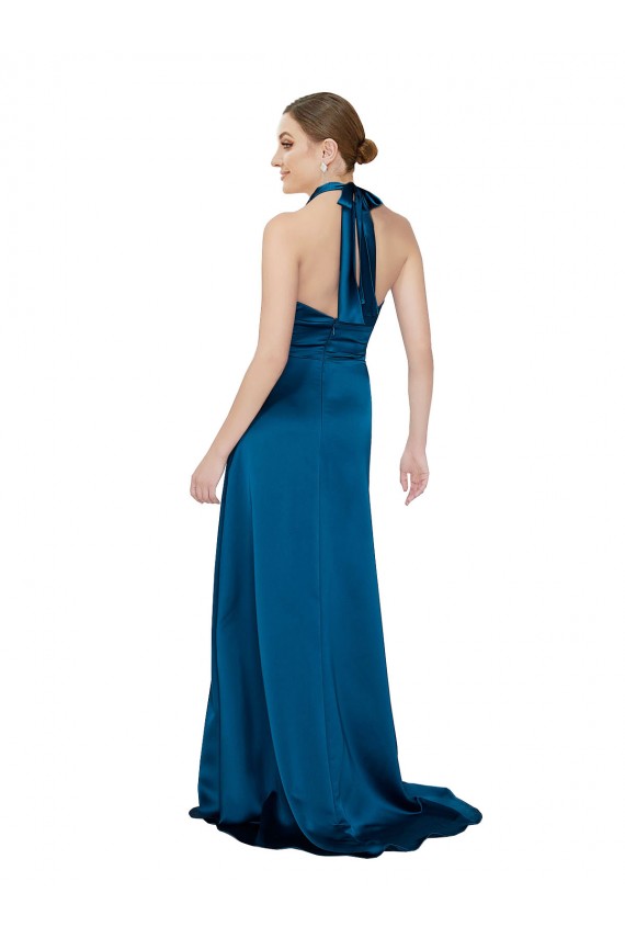Pfauenblau A-Linien Neckholder Seidiger Satin Lange Formale Brautjungfernkleider / Abendkleider / Abiballkleider Fabrik