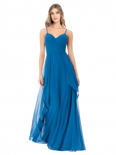 Pfauenblau A-Linien Spaghetti-Träger Chiffon Lange Brautjungfernkleider Fabrik