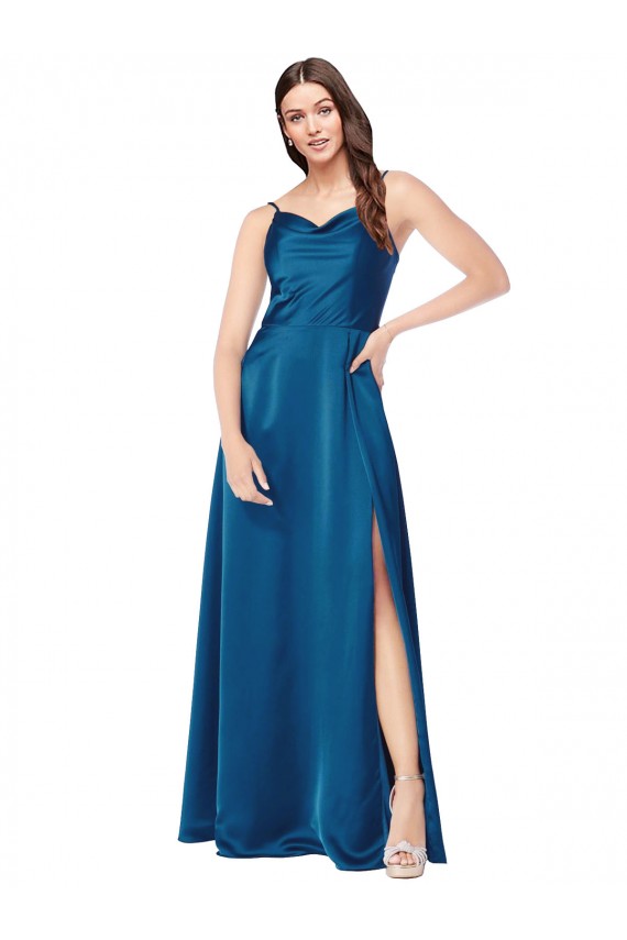 Pfauenblau A-Linien Spaghetti-Träger Haube Ausschnitt Seidiger Satin Lange Formale Brautjungfernkleider / Abendkleider / Abiballkleider Fabrik
