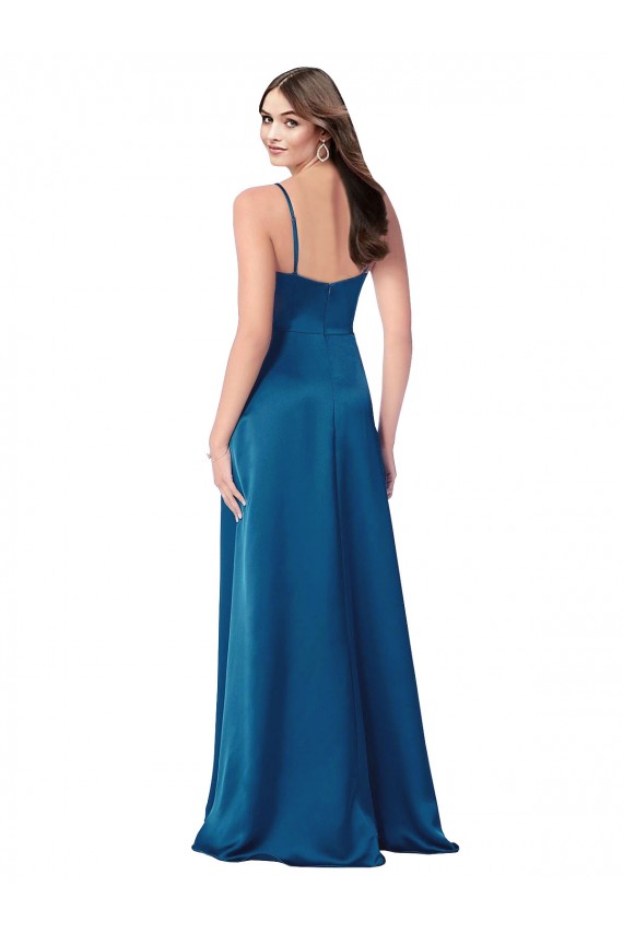 Pfauenblau A-Linien Spaghetti-Träger Haube Ausschnitt Seidiger Satin Lange Formale Brautjungfernkleider / Abendkleider / Abiballkleider Fabrik