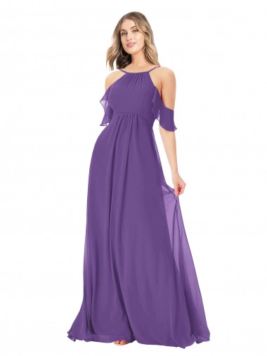 Pflaume Lila A-Linien Off-Schulter Stehkragen Ausschnitt Chiffon Lange Brautjungfernkleider Fabrik