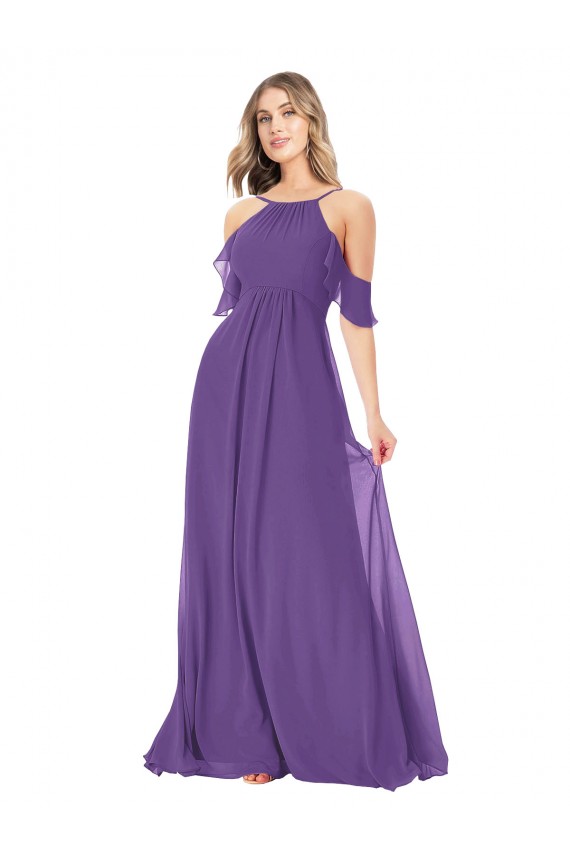Pflaume Lila A-Linien Off-Schulter Stehkragen Ausschnitt Chiffon Lange Brautjungfernkleider Fabrik