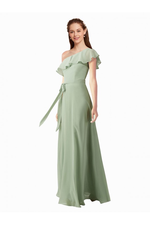 Rauchgrün A-Linien Eine-Schulter Chiffon Lange Brautjungfernkleider Fabrik