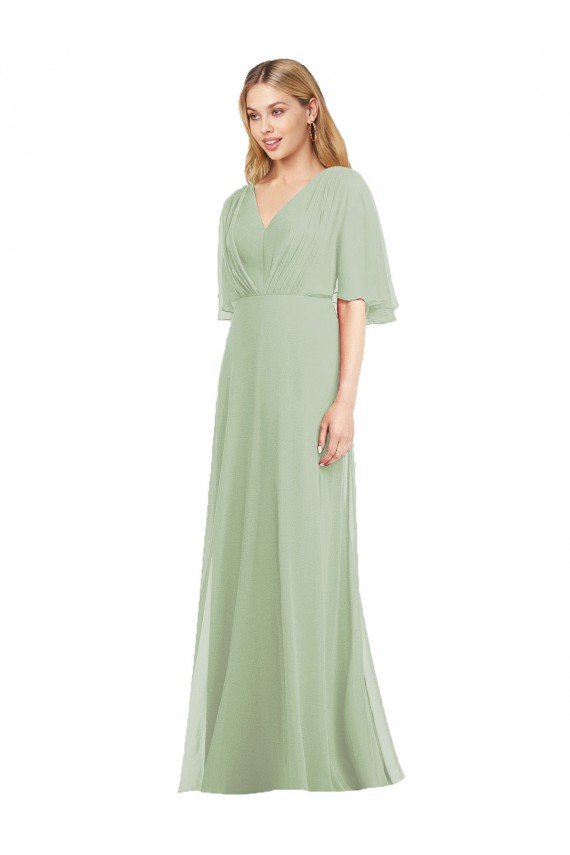 Rauchgrün Trompete V-Ausschnitt Chiffon Lange Brautjungfernkleider Fabrik