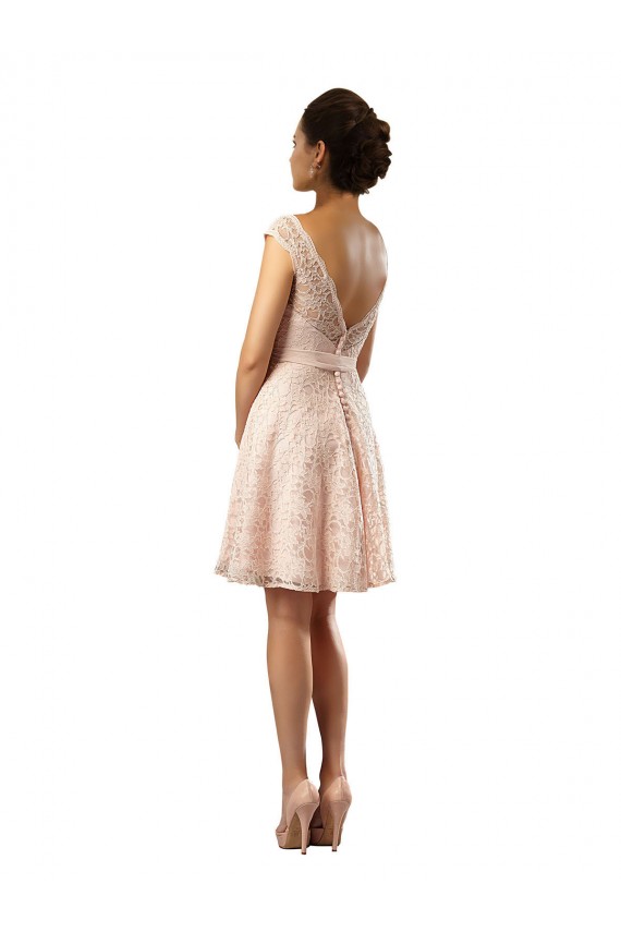 Rosa A-Linien Illusion Ausschnitt Knielang Chiffon Spitze Kurze Brautjungfernkleider Fabrik