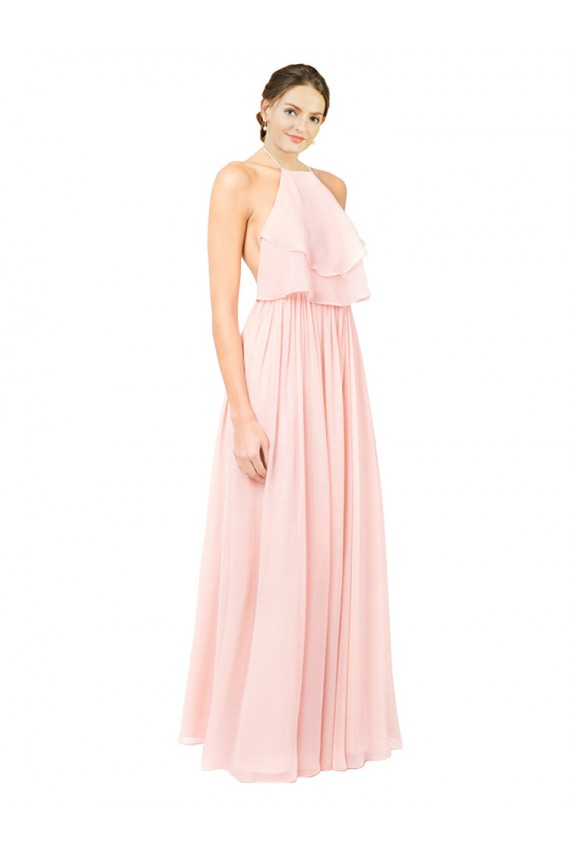 Rosa A-Linien Neckholder Chiffon Lange Brautjungfernkleider Fabrik