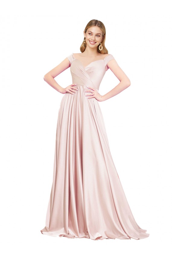 Rosa A-Linien Off-Schulter Satin Lange Formale Brautjungfernkleider / Abendkleider / Abiballkleider Fabrik