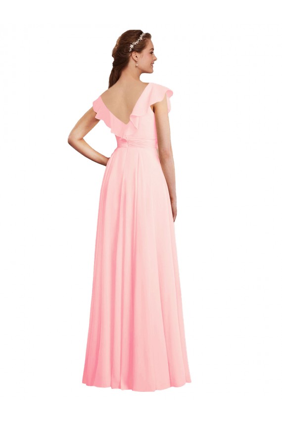 Rosa A-Linien V-Ausschnitt Chiffon Lange Brautjungfernkleider Fabrik