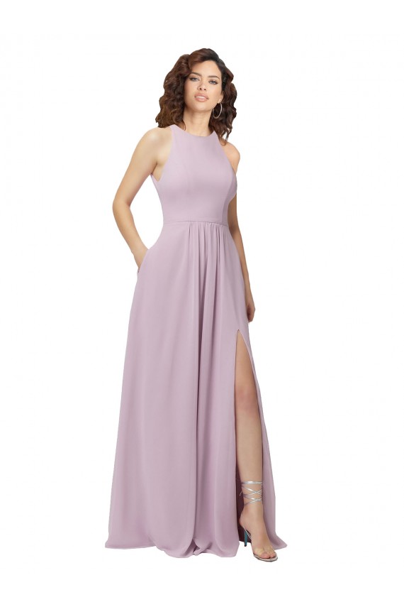 Rosa Leuchten A-Linien Neckholder Stehkragen Ausschnitt Chiffon Lange Brautjungfernkleider Fabrik