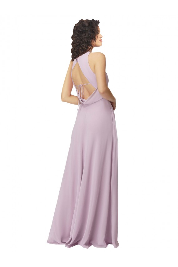 Rosa Leuchten A-Linien Neckholder Stehkragen Ausschnitt Chiffon Lange Brautjungfernkleider Fabrik