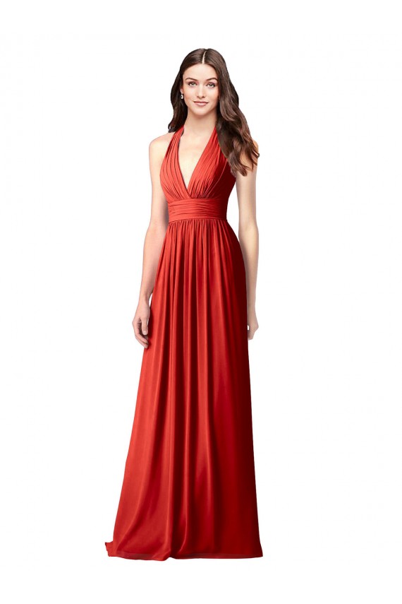 Rot A-Linien Neckholder V-Ausschnitt Chiffon Lange Brautjungfernkleider Fabrik