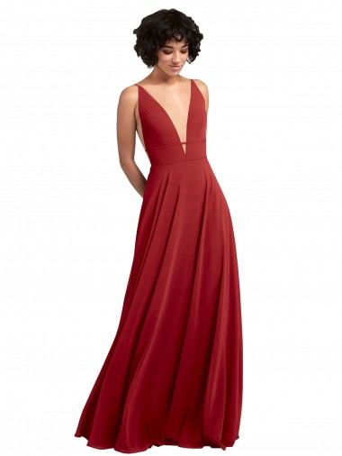Rot A-Linien V-Ausschnitt Chiffon Lange Brautjungfernkleider Fabrik