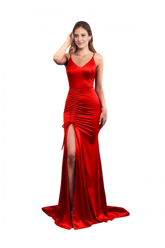 Rot Meerjungfrau Stretch-Satin Lange Formale Brautjungfernkleider / Abendkleider / Abiballkleider Fabrik