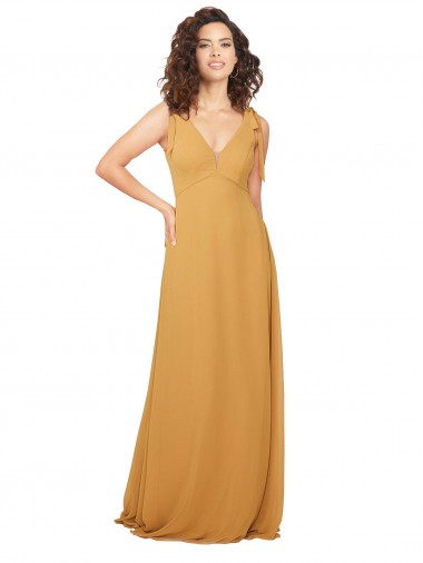 Safran A-Linien V-Ausschnitt Chiffon Lange Brautjungfernkleider Fabrik