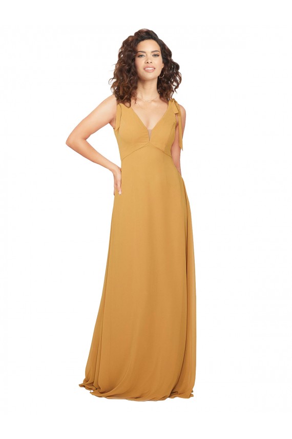 Safran A-Linien V-Ausschnitt Chiffon Lange Brautjungfernkleider Fabrik