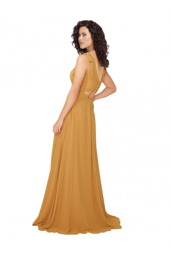 Safran A-Linien V-Ausschnitt Chiffon Lange Brautjungfernkleider Fabrik