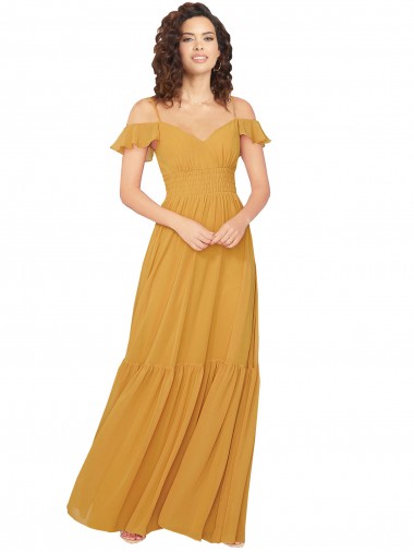 Safran A-Linien V-Ausschnitt Chiffon Lange Brautjungfernkleider Fabrik