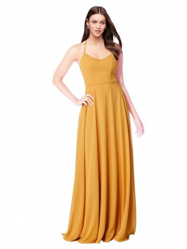 Safran A-Linien V-Ausschnitt Chiffon Lange Brautjungfernkleider Fabrik