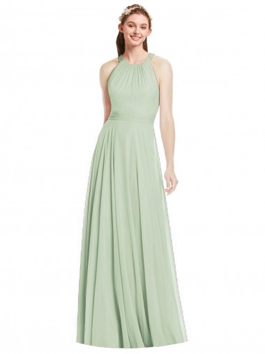 Salbeigrün A-Linien Neckholder Chiffon Lange Brautjungfernkleider Fabrik