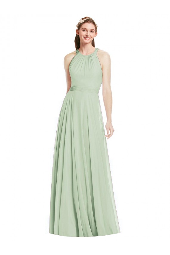 Salbeigrün A-Linien Neckholder Chiffon Lange Brautjungfernkleider Fabrik