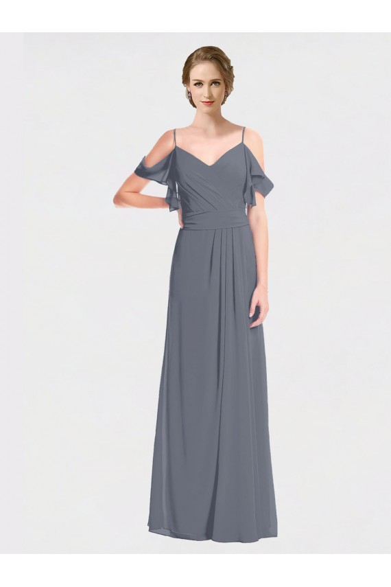 Schiefergrau A-Linien Off-Schulter V-Ausschnitt Chiffon Lange Brautjungfernkleider Fabrik