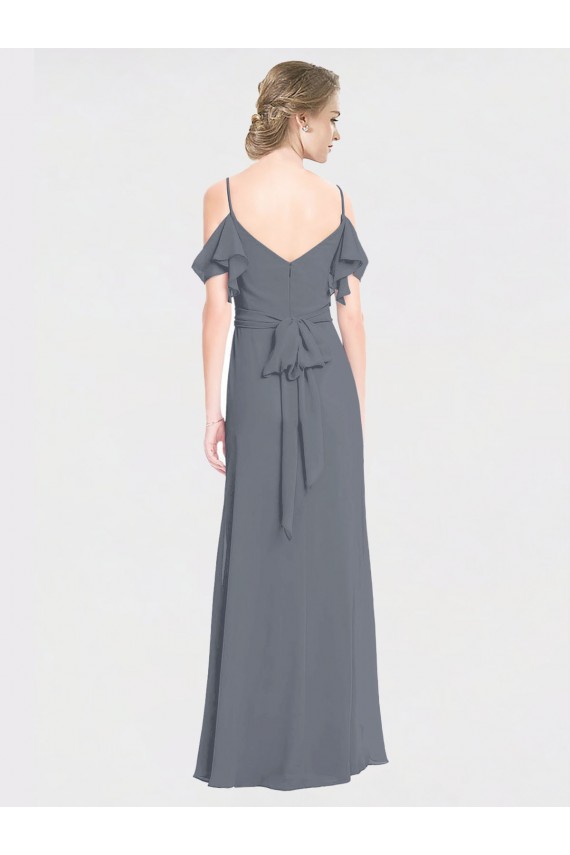Schiefergrau A-Linien Off-Schulter V-Ausschnitt Chiffon Lange Brautjungfernkleider Fabrik