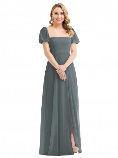 Schiefergrau A-Linien Quadrat Ausschnitt Chiffon Lange Brautjungfernkleider Fabrik