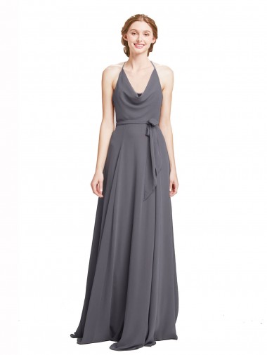 Schiefergrau A-Linien Spaghetti-Träger Neckholder Chiffon Lange Brautjungfernkleider Fabrik