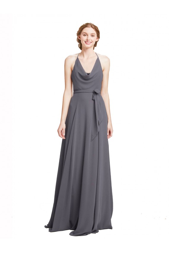Schiefergrau A-Linien Spaghetti-Träger Neckholder Chiffon Lange Brautjungfernkleider Fabrik