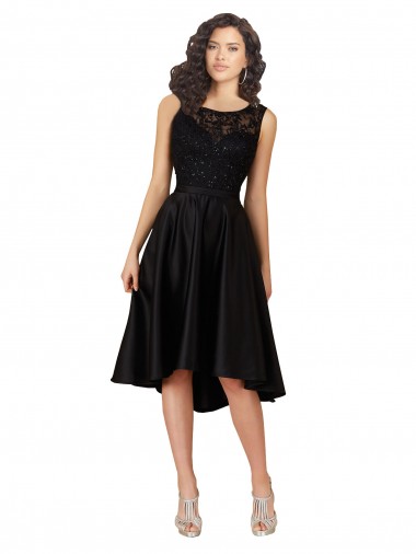 Schwarz A-Linien Illusion Ausschnitt Midi Satin Spitze Kurze Brautjungfernkleider / Cocktailkleider / Heimkehr Kleider Fabrik