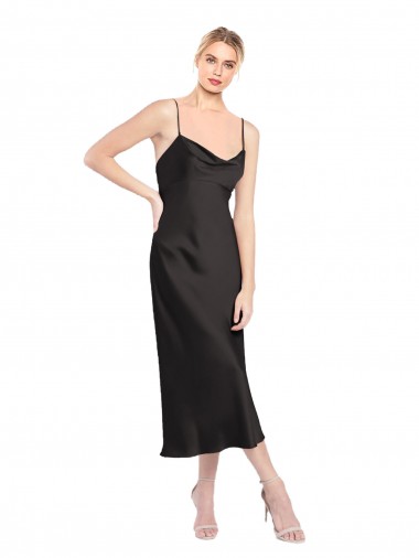 Schwarz A-Linien Spaghetti-Träger Haube Ausschnitt Midi Stretch-Satin Kurze Formale Brautjungfernkleider / Abendkleider / Abiballkleider / Cocktailkleider / Heimkehr Kleider Fabrik