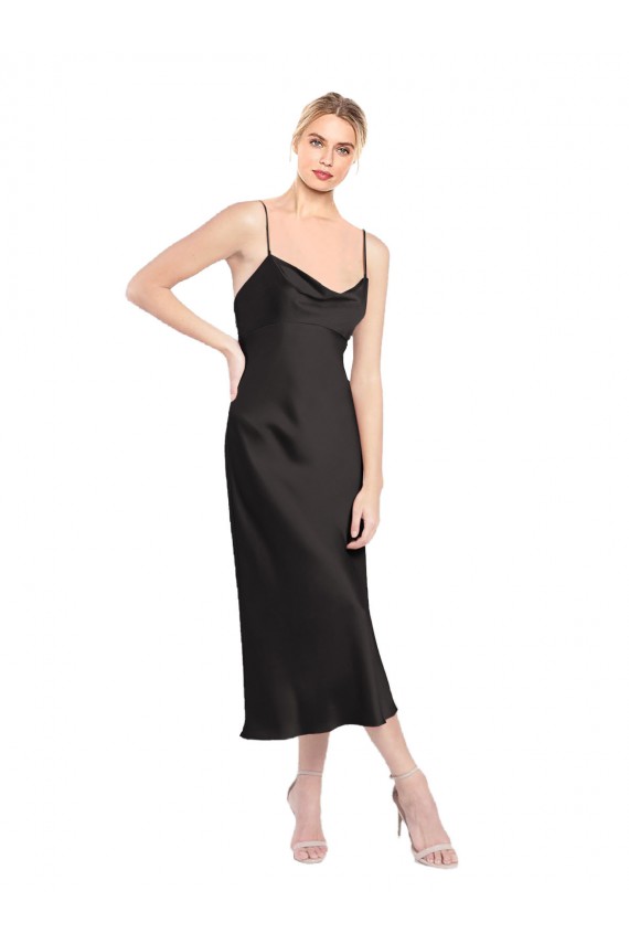 Schwarz A-Linien Spaghetti-Träger Haube Ausschnitt Midi Stretch-Satin Kurze Formale Brautjungfernkleider / Abendkleider / Abiballkleider / Cocktailkleider / Heimkehr Kleider Fabrik