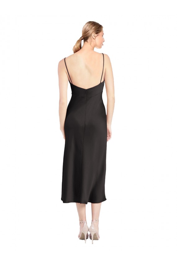 Schwarz A-Linien Spaghetti-Träger Haube Ausschnitt Midi Stretch-Satin Kurze Formale Brautjungfernkleider / Abendkleider / Abiballkleider / Cocktailkleider / Heimkehr Kleider Fabrik