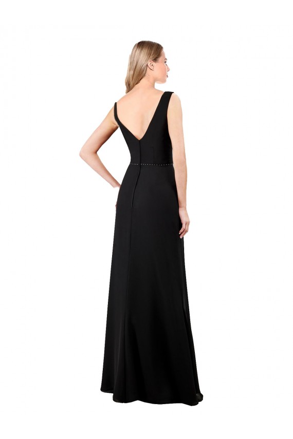 Schwarz A-Linien V-Ausschnitt Chiffon Lange Brautjungfernkleider / Abiballkleider Fabrik