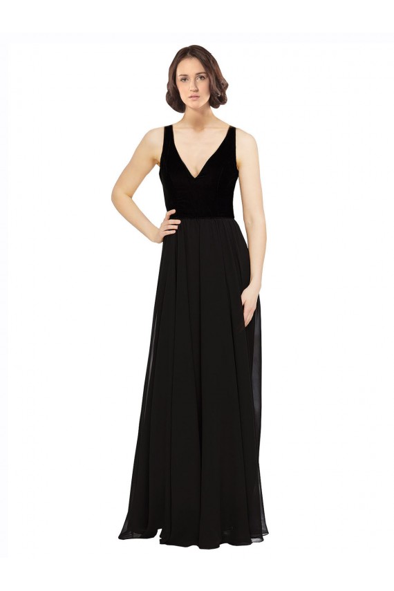 Schwarz A-Linien V-Ausschnitt Chiffon Samt Lange Brautjungfernkleider / Abiballkleider Fabrik