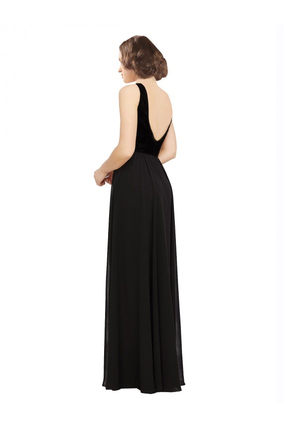 Schwarz A-Linien V-Ausschnitt Chiffon Samt Lange Brautjungfernkleider / Abiballkleider Fabrik