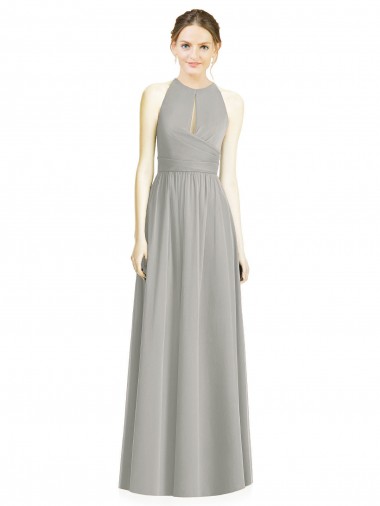 Silber A-Linien Neckholder Chiffon Lange Brautjungfernkleider Fabrik