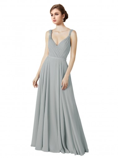 Silber A-Linien V-Ausschnitt Chiffon Lange Brautjungfernkleider Fabrik