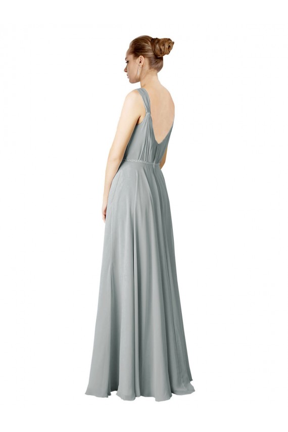 Silber A-Linien V-Ausschnitt Chiffon Lange Brautjungfernkleider Fabrik