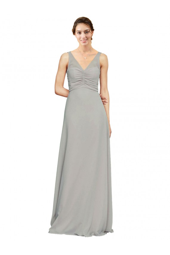 Silber A-Linien V-Ausschnitt Chiffon Lange Brautjungfernkleider Fabrik