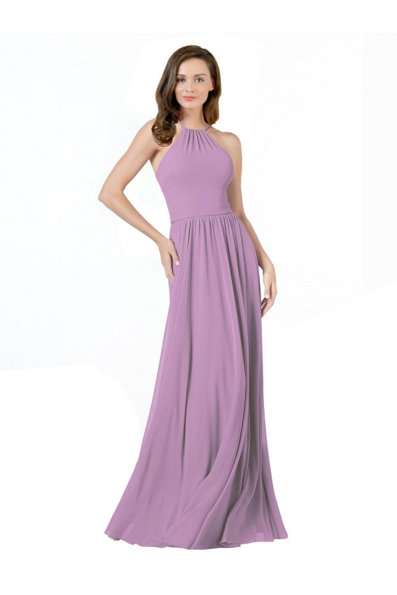 Staubiger Lavendel A-Linien Neckholder Chiffon Lange Brautjungfernkleider Fabrik