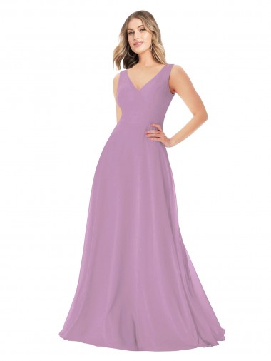 Staubiger Lavendel A-Linien V-Ausschnitt Chiffon Lange Brautjungfernkleider Fabrik