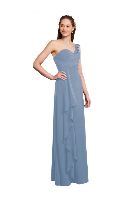 Staubiges Blau A-Linien Eine-Schulter Chiffon Lange Brautjungfernkleider Fabrik