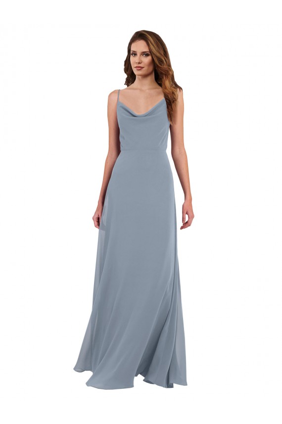 Staubiges Blau A-Linien Haube Ausschnitt Chiffon Lange Brautjungfernkleider Fabrik