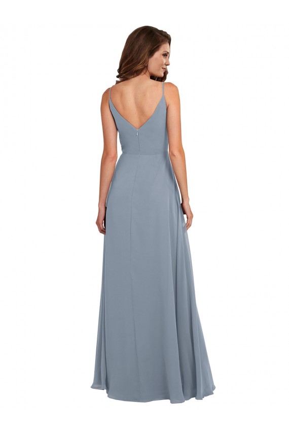 Staubiges Blau A-Linien Haube Ausschnitt Chiffon Lange Brautjungfernkleider Fabrik